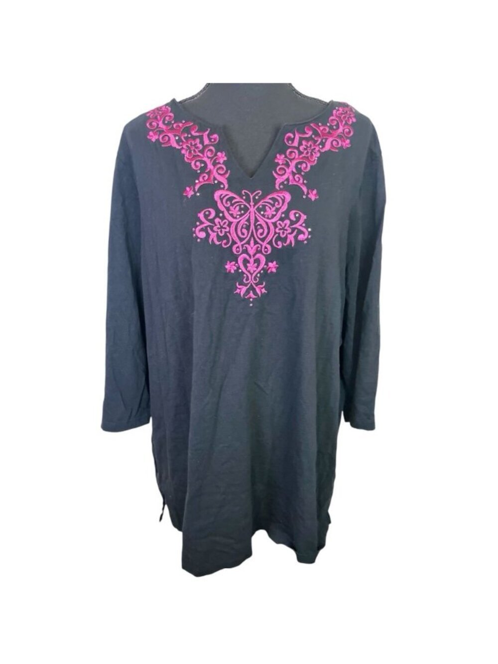 Quacker Factory Top Sz 2X Black Embroidered 3/4 Sleeve Butterfly 100% Cotton